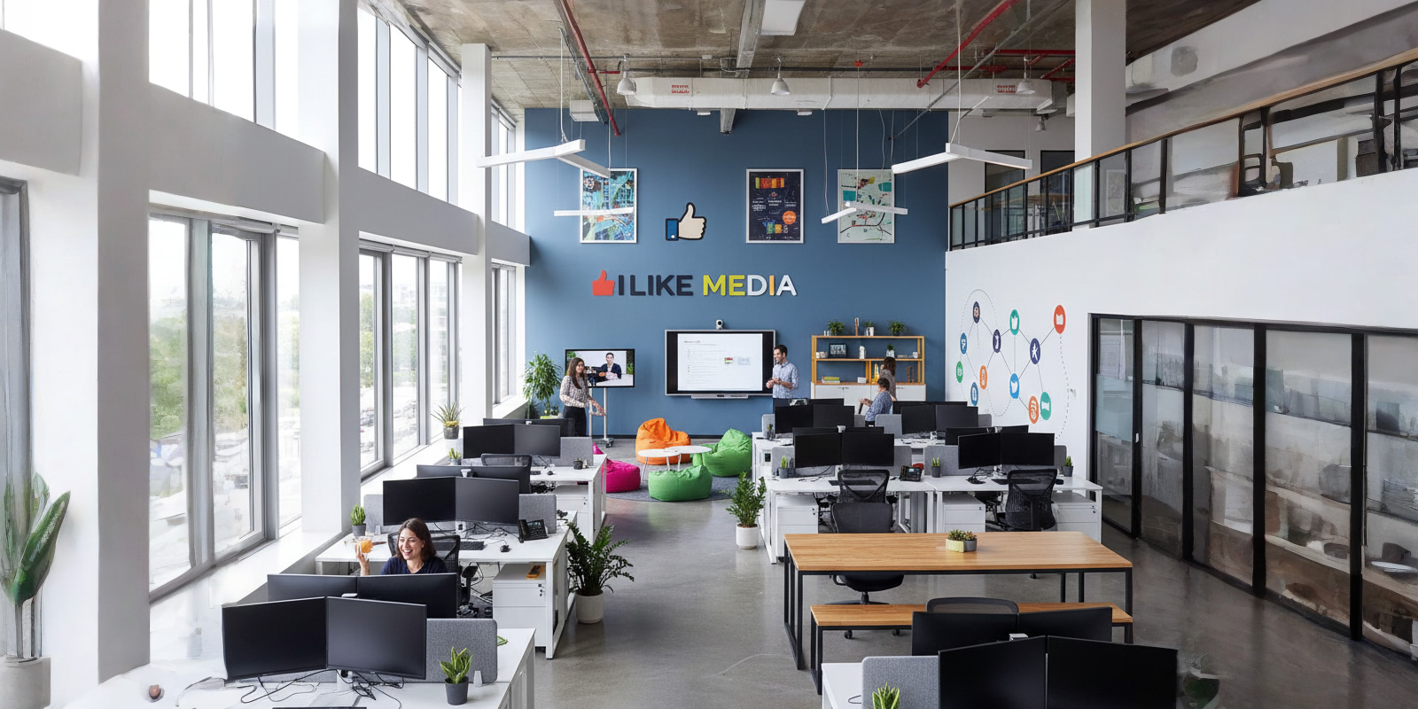 Professional office workspace with modern communication tools and welcoming atmosphere