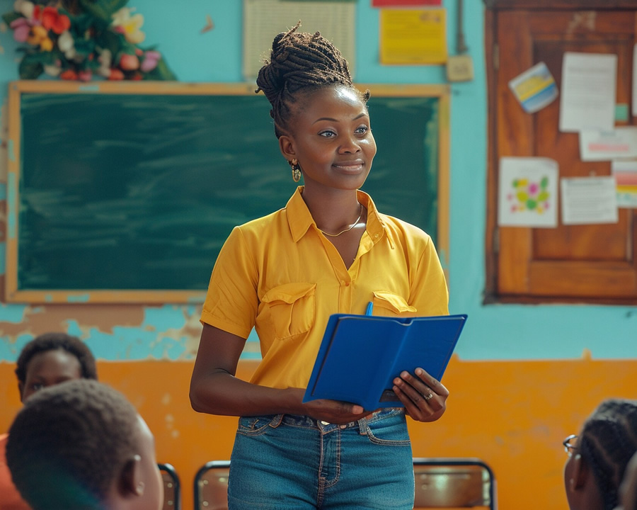 Professional mentor guiding young student in educational setting